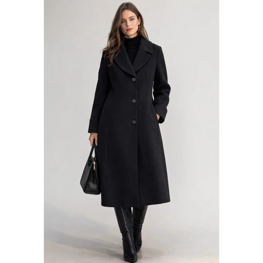 Jones New York Black Wool Blend Coat Womens 18 Long A-Line Button Winter Coat